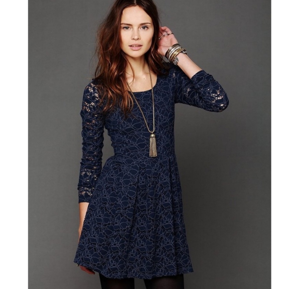 Free People Navy Rose Garden Long Sleeve Dress